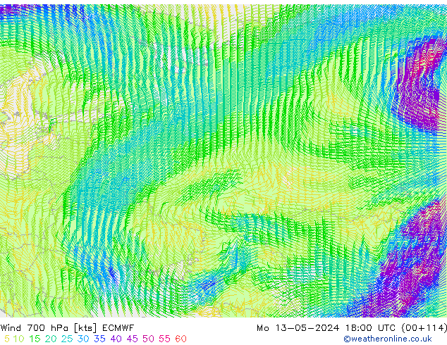wiatr 700 hPa ECMWF pon. 13.05.2024 18 UTC