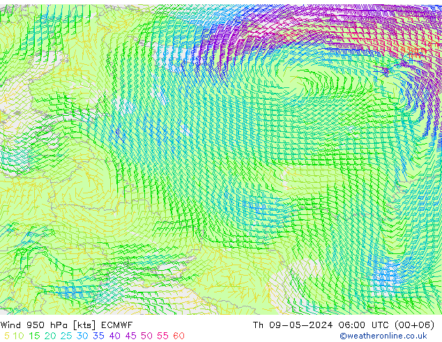 Prec 6h/Wind 10m/950 ECMWF jue 09.05.2024 06 UTC