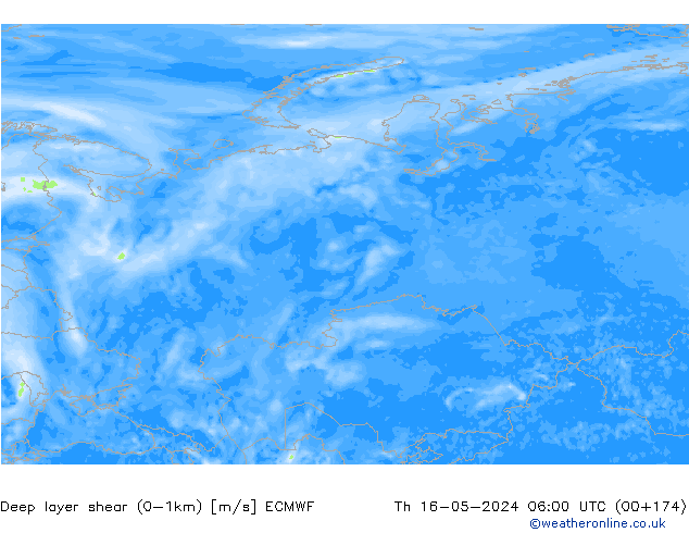 Deep layer shear (0-1km) ECMWF Čt 16.05.2024 06 UTC