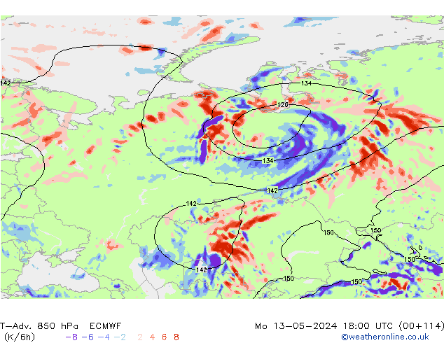 T-Adv. 850 hPa ECMWF Pzt 13.05.2024 18 UTC