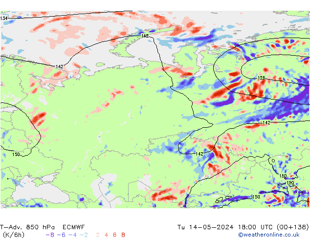 T-Adv. 850 hPa ECMWF Út 14.05.2024 18 UTC