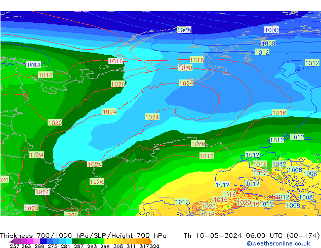 Thck 700-1000 hPa ECMWF Qui 16.05.2024 06 UTC