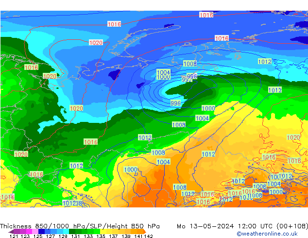 Dikte 850-1000 hPa ECMWF ma 13.05.2024 12 UTC