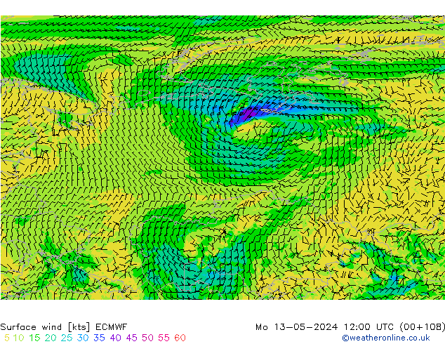 Surface wind ECMWF Po 13.05.2024 12 UTC