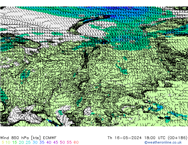 Wind 850 hPa ECMWF Čt 16.05.2024 18 UTC