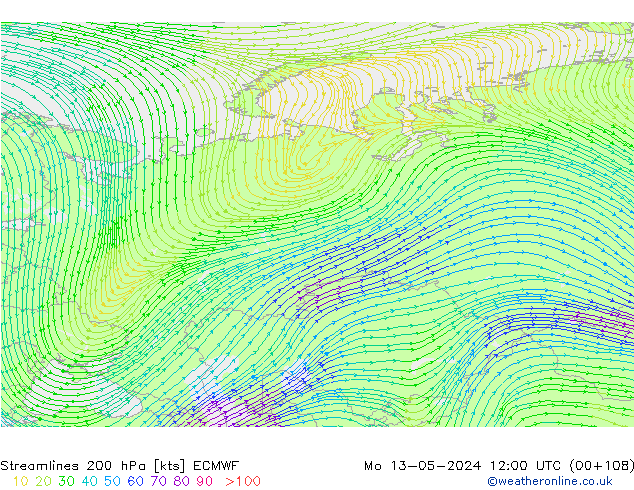 Linea di flusso 200 hPa ECMWF lun 13.05.2024 12 UTC