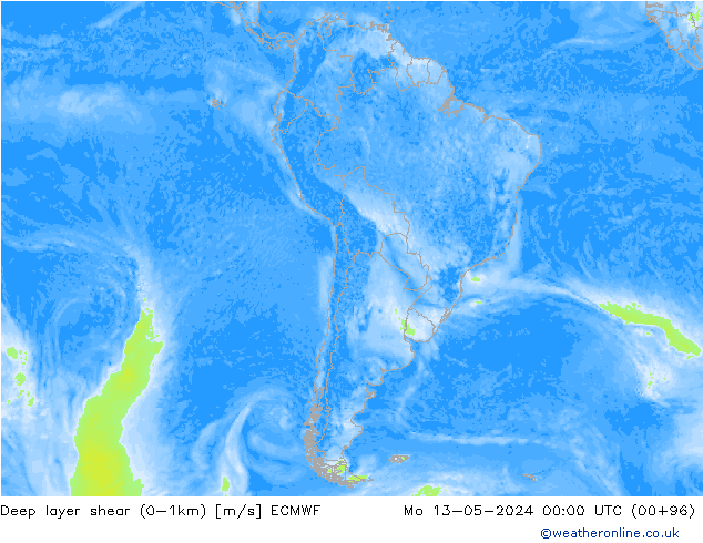 Deep layer shear (0-1km) ECMWF ma 13.05.2024 00 UTC