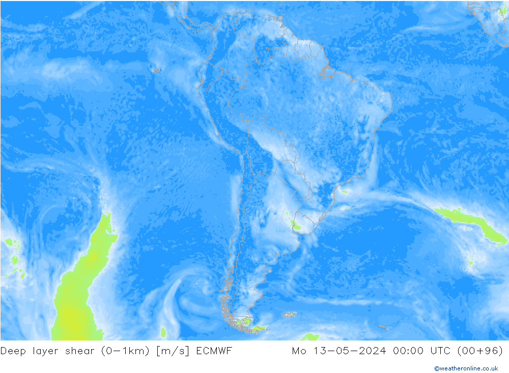 Deep layer shear (0-1km) ECMWF Mo 13.05.2024 00 UTC
