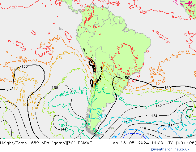 Height/Temp. 850 hPa ECMWF pon. 13.05.2024 12 UTC