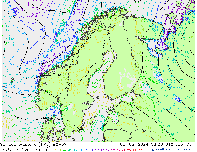 Isotachs (kph) ECMWF Čt 09.05.2024 06 UTC