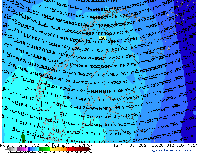 Z500/Rain (+SLP)/Z850 ECMWF вт 14.05.2024 00 UTC