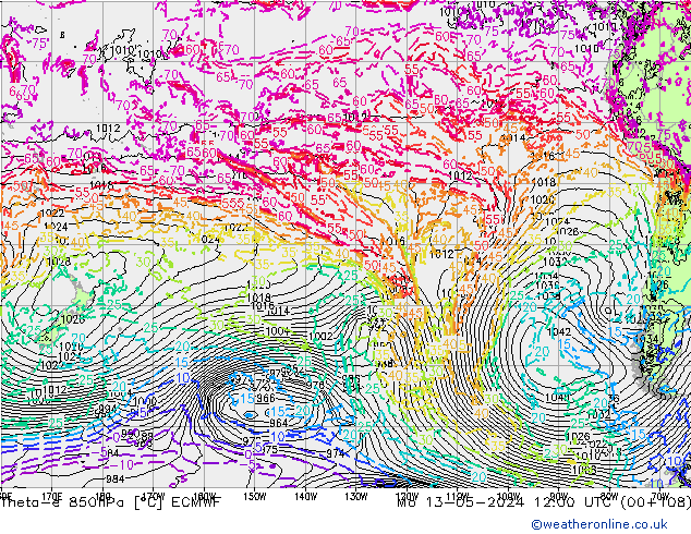 Theta-e 850hPa ECMWF Pzt 13.05.2024 12 UTC