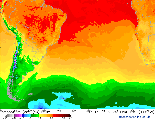 Temperatura (2m) ECMWF gio 16.05.2024 00 UTC