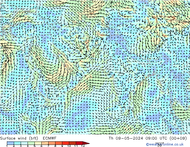 Surface wind (bft) ECMWF Th 09.05.2024 09 UTC