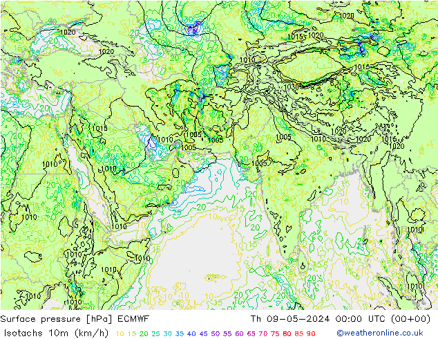 Isotachs (kph) ECMWF Th 09.05.2024 00 UTC