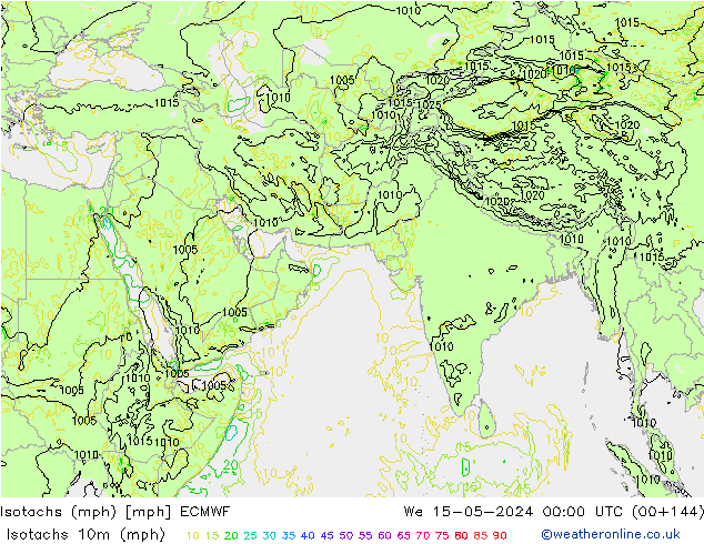 Isotachs (mph) ECMWF mer 15.05.2024 00 UTC