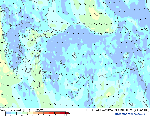 Rüzgar 10 m (bft) ECMWF Per 16.05.2024 00 UTC