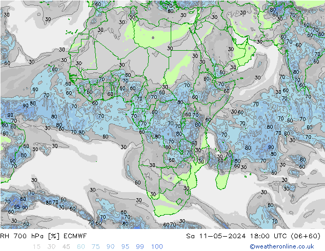 Humedad rel. 700hPa ECMWF sáb 11.05.2024 18 UTC