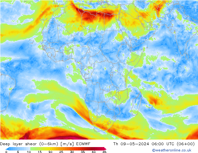 Deep layer shear (0-6km) ECMWF Th 09.05.2024 06 UTC