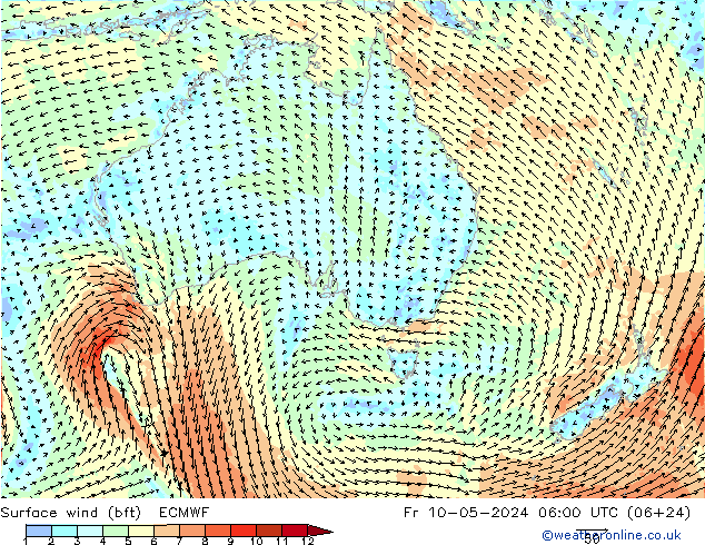 Surface wind (bft) ECMWF Fr 10.05.2024 06 UTC