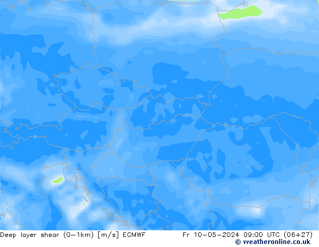 Deep layer shear (0-1km) ECMWF ven 10.05.2024 09 UTC