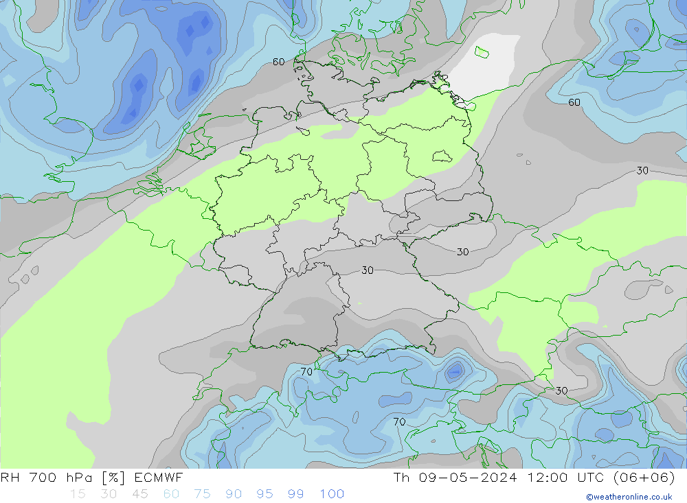 RH 700 hPa ECMWF 星期四 09.05.2024 12 UTC