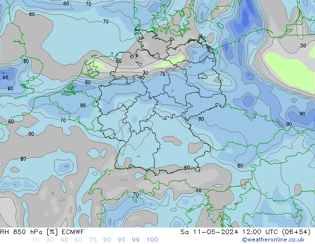 Humidité rel. 850 hPa ECMWF sam 11.05.2024 12 UTC