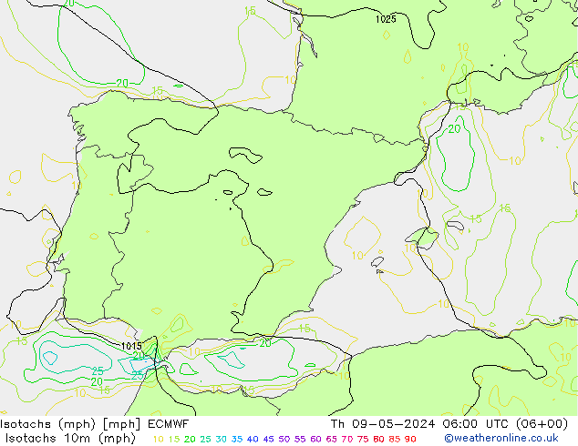 Isotachs (mph) ECMWF Th 09.05.2024 06 UTC