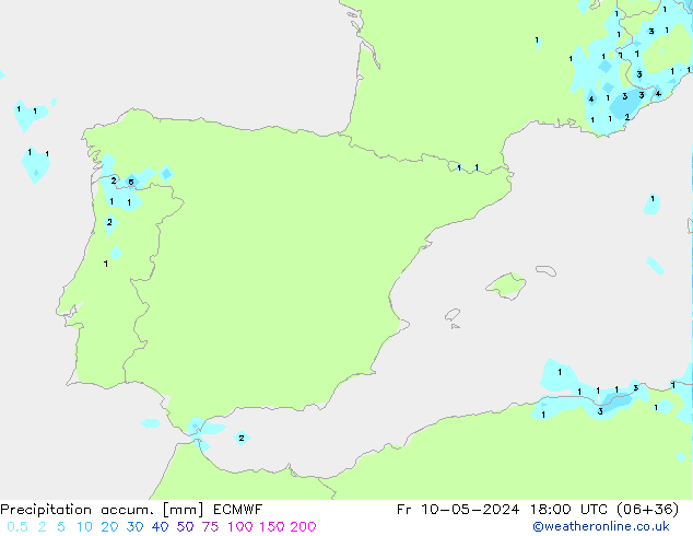 Precipitation accum. ECMWF ven 10.05.2024 18 UTC