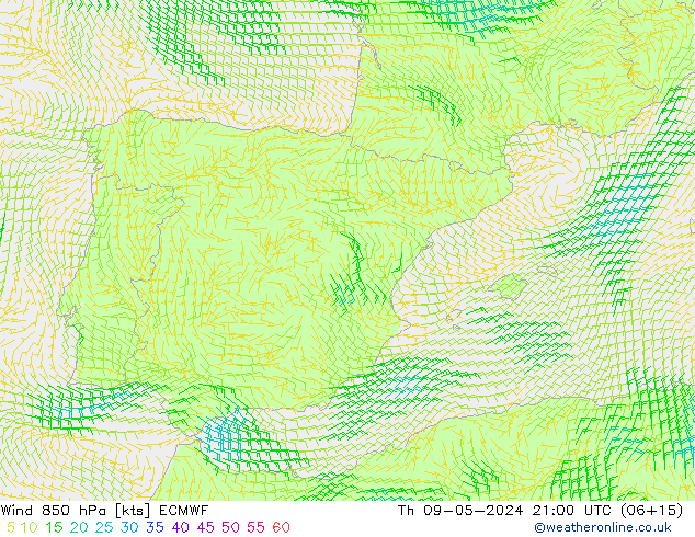 Wind 850 hPa ECMWF Th 09.05.2024 21 UTC