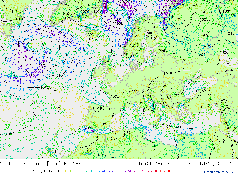 Isotaca (kph) ECMWF jue 09.05.2024 09 UTC
