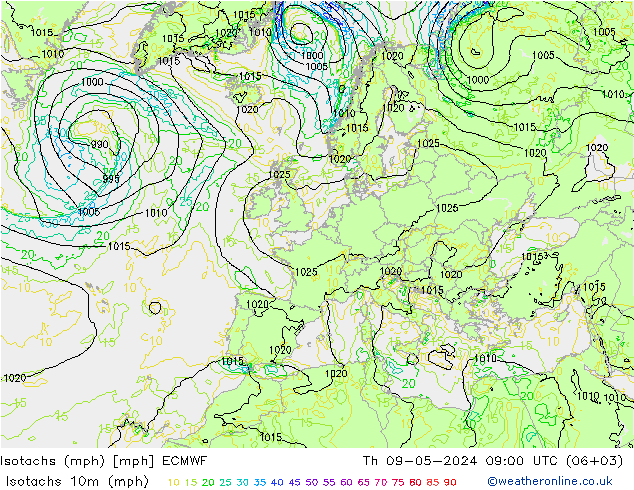 Isotachs (mph) ECMWF gio 09.05.2024 09 UTC