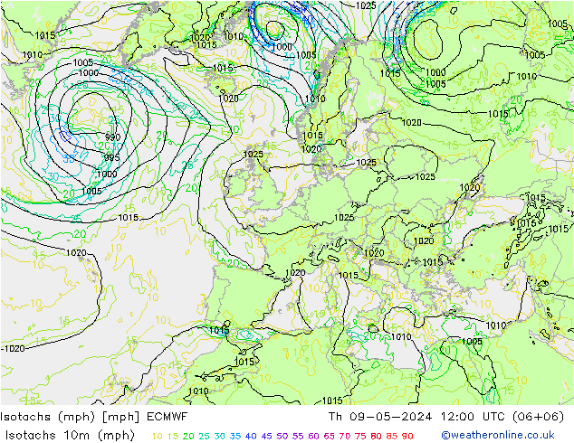 Isotachs (mph) ECMWF 星期四 09.05.2024 12 UTC