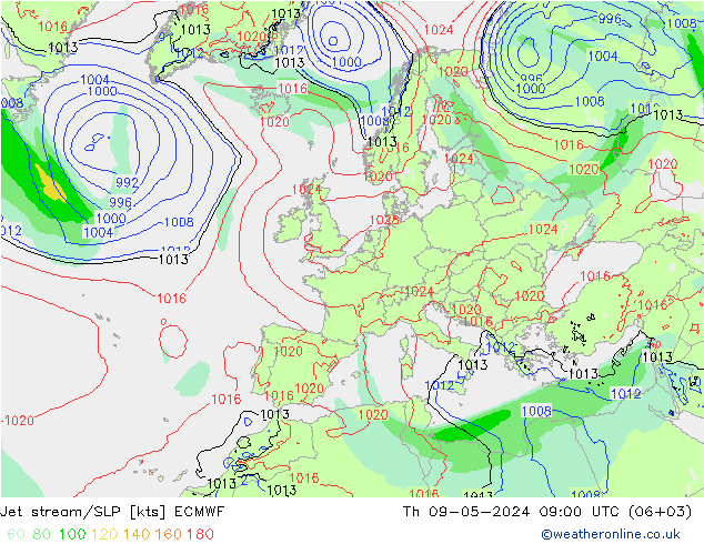 Jet stream/SLP ECMWF Čt 09.05.2024 09 UTC