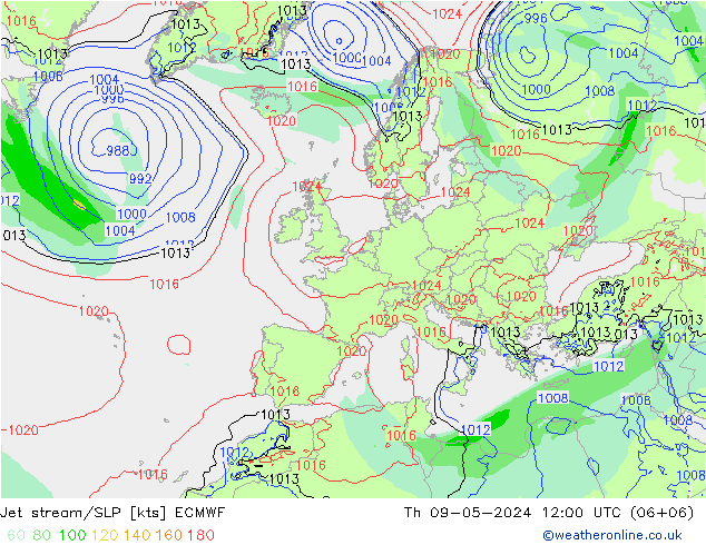 Straalstroom/SLP ECMWF do 09.05.2024 12 UTC