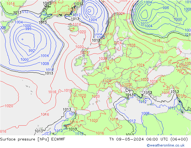 Pressione al suolo ECMWF gio 09.05.2024 06 UTC