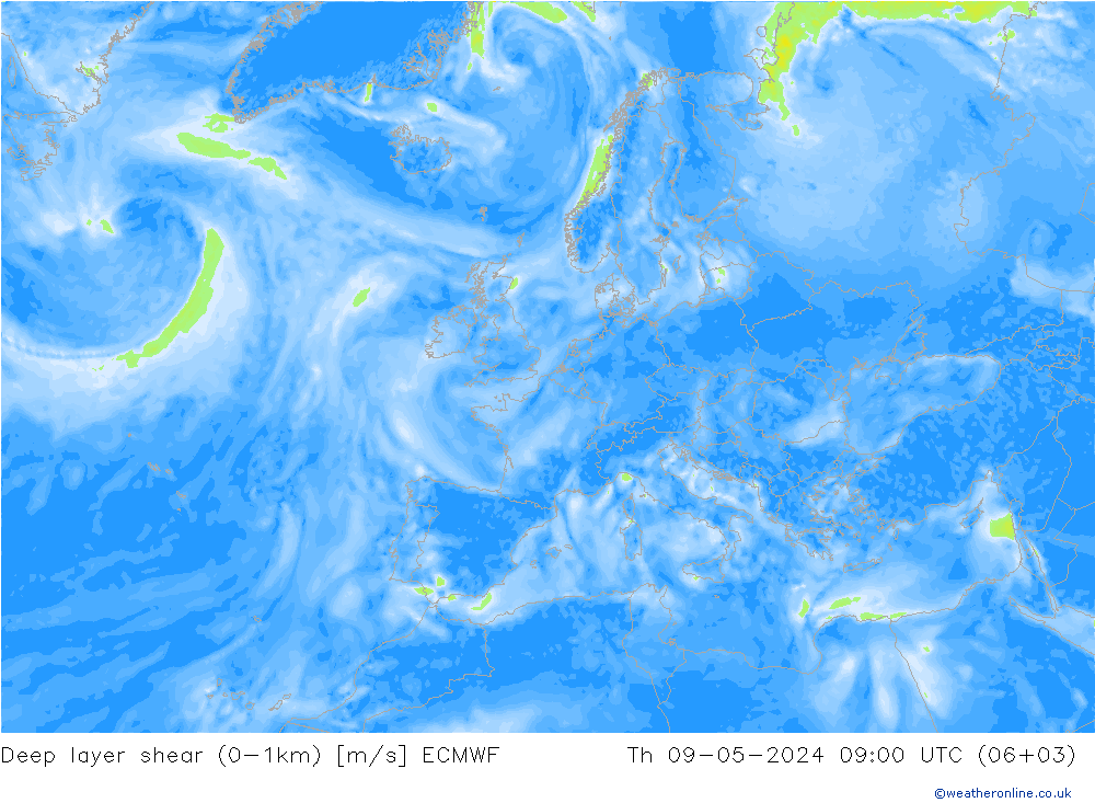 Deep layer shear (0-1km) ECMWF jue 09.05.2024 09 UTC