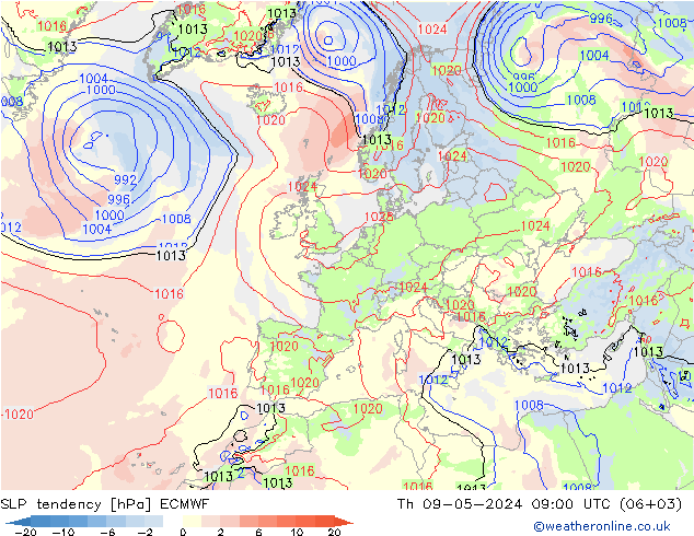 SLP tendency ECMWF Čt 09.05.2024 09 UTC
