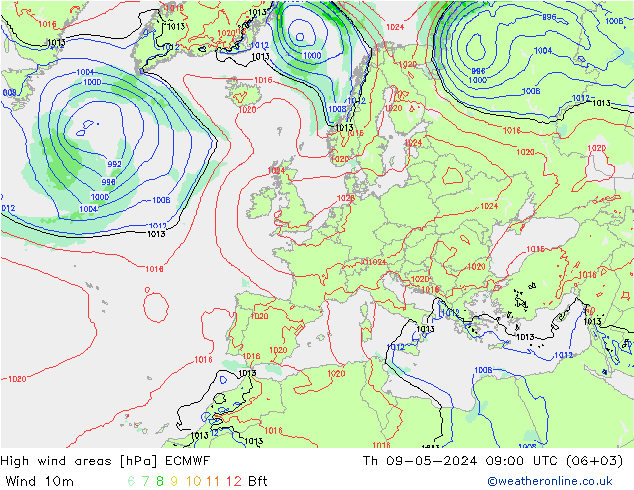 High wind areas ECMWF jue 09.05.2024 09 UTC