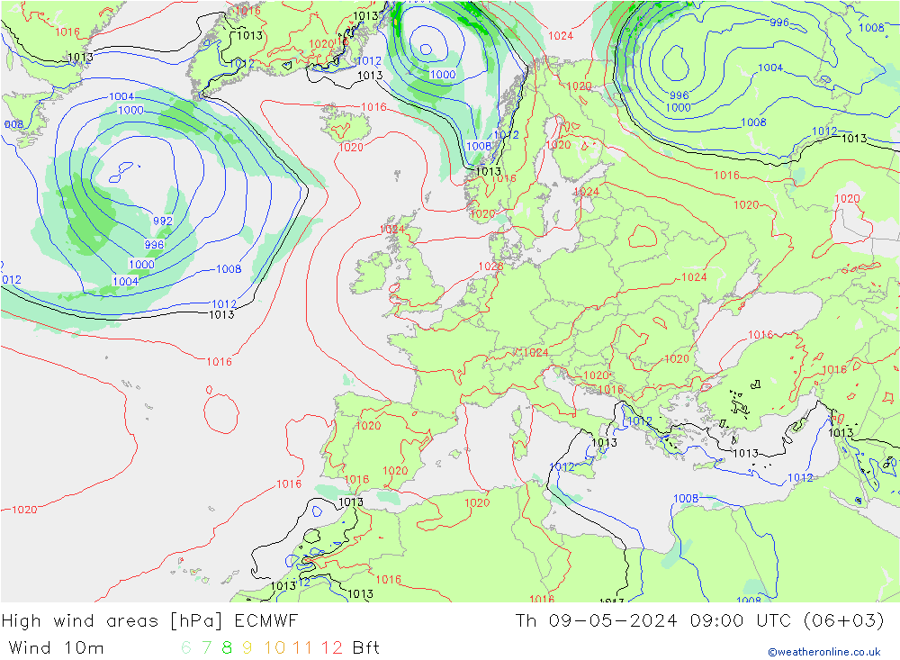 High wind areas ECMWF jue 09.05.2024 09 UTC
