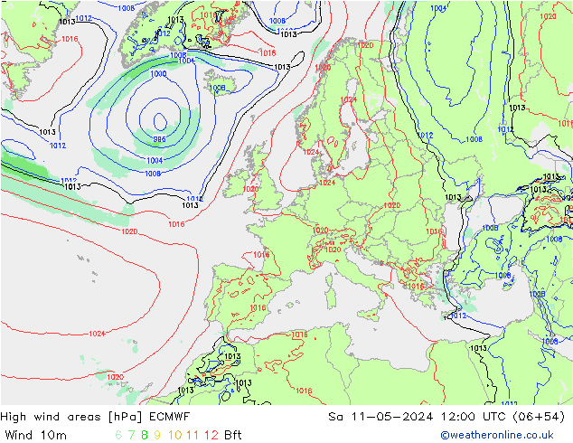 High wind areas ECMWF Sa 11.05.2024 12 UTC