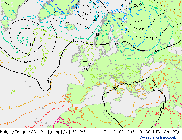 Geop./Temp. 850 hPa ECMWF jue 09.05.2024 09 UTC