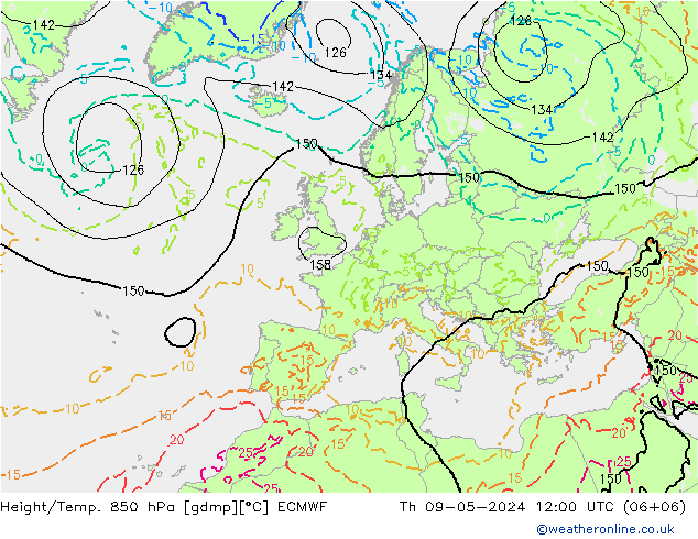 Z500/Rain (+SLP)/Z850 ECMWF Čt 09.05.2024 12 UTC