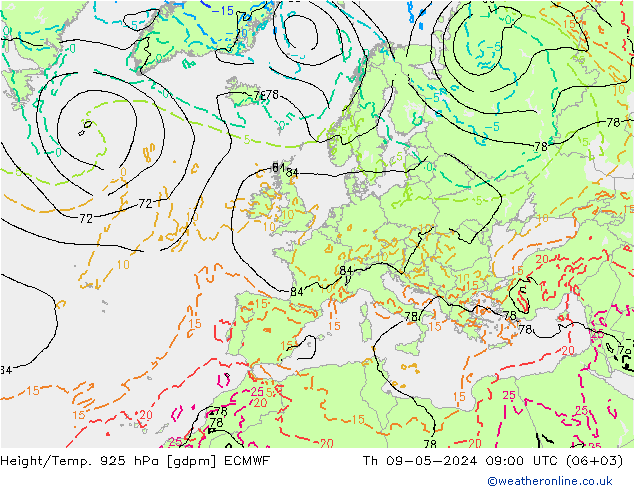 Geop./Temp. 925 hPa ECMWF jue 09.05.2024 09 UTC