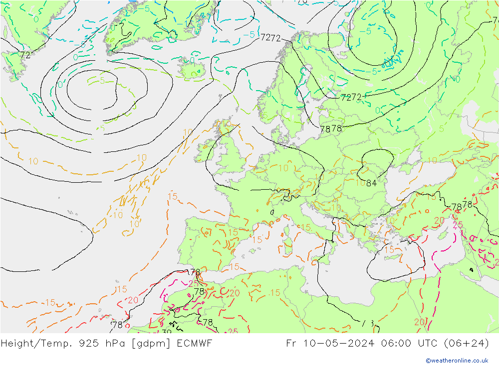 Height/Temp. 925 hPa ECMWF Fr 10.05.2024 06 UTC