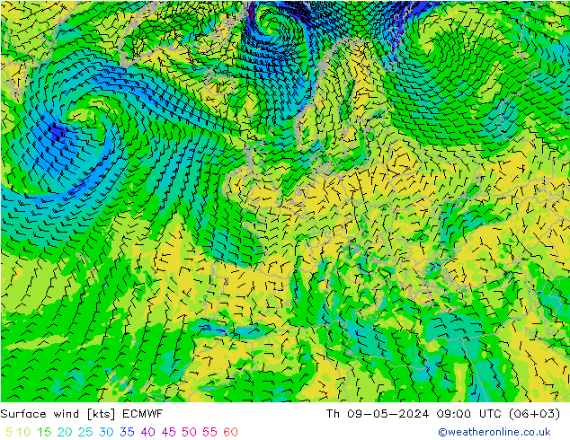 Surface wind ECMWF Čt 09.05.2024 09 UTC