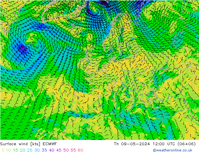 Prec 6h/Wind 10m/950 ECMWF  09.05.2024 12 UTC