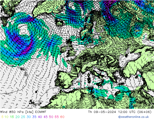 风 850 hPa ECMWF 星期四 09.05.2024 12 UTC