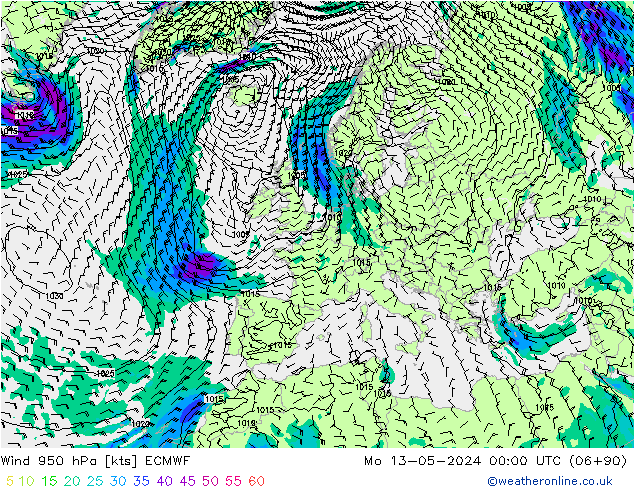 Wind 950 hPa ECMWF ma 13.05.2024 00 UTC