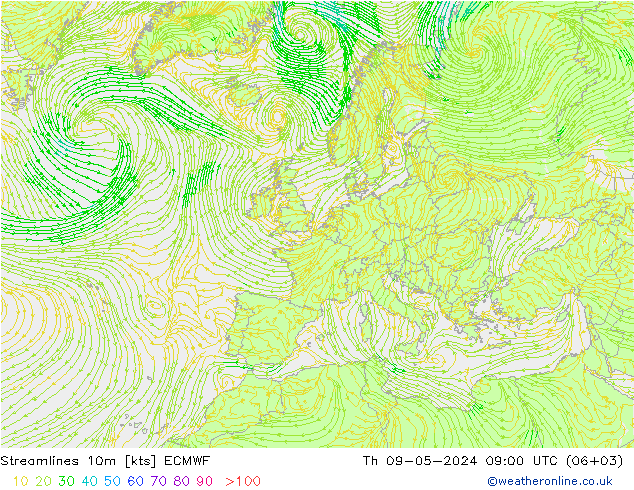 Línea de corriente 10m ECMWF jue 09.05.2024 09 UTC